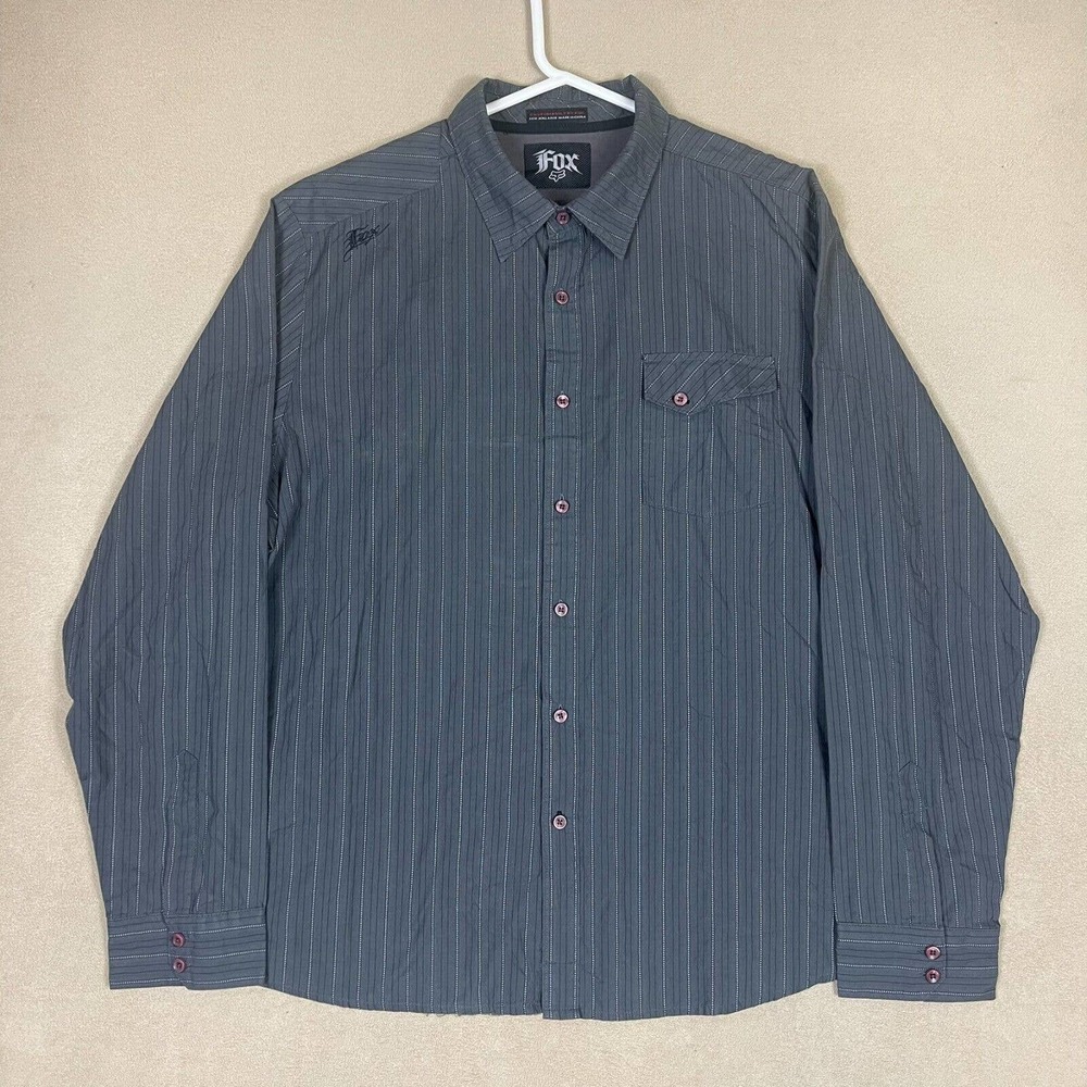 Fox Shirt Adult 2XL Gray Striped Raw Hem Long Sleeve Logo Preppy‎ Racing Mens
